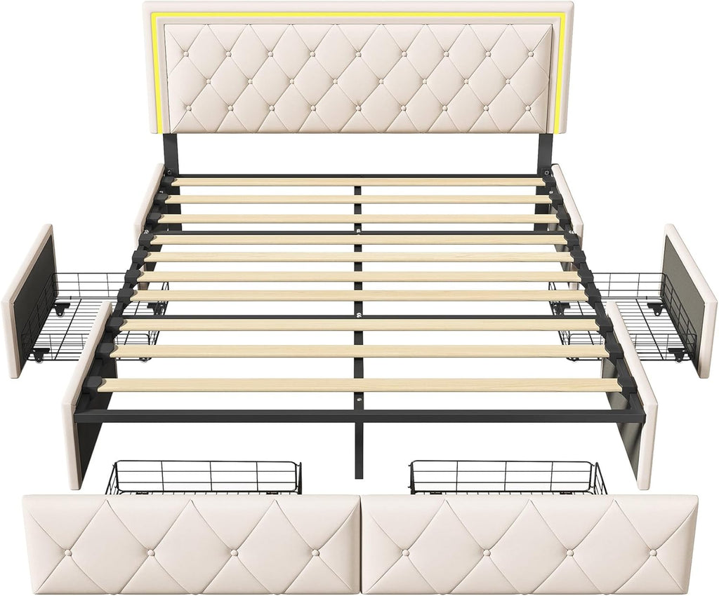 LONELYO Cadre de lit 160x200 avec sommier et Rangement - Lit Coffre capitonné PU avec LED et tiroirs, Design Moderne pour Chambre Adulte 160x200