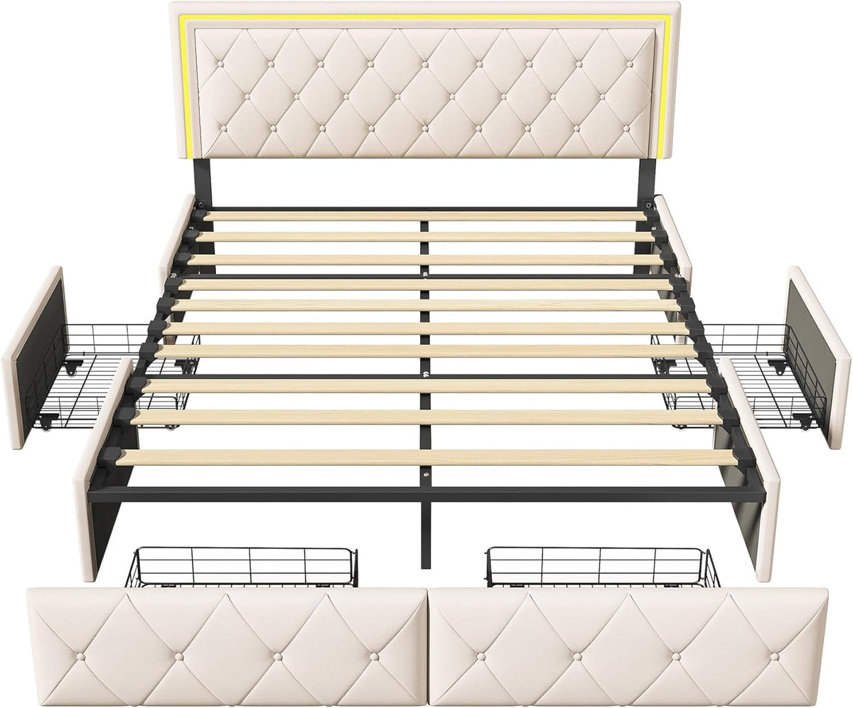 LONELYO Cadre de lit 160x200 avec sommier et Rangement - Lit Coffre capitonné PU avec LED et tiroirs, Design Moderne pour Chambre Adulte 160x200
