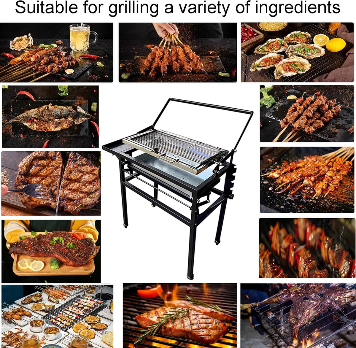 ZICHOUYING Barbecue au charbon de bois robuste, carré et amovible pour l'extérieur, grille de cuisson rotative 360° et debout avec roues pour camping