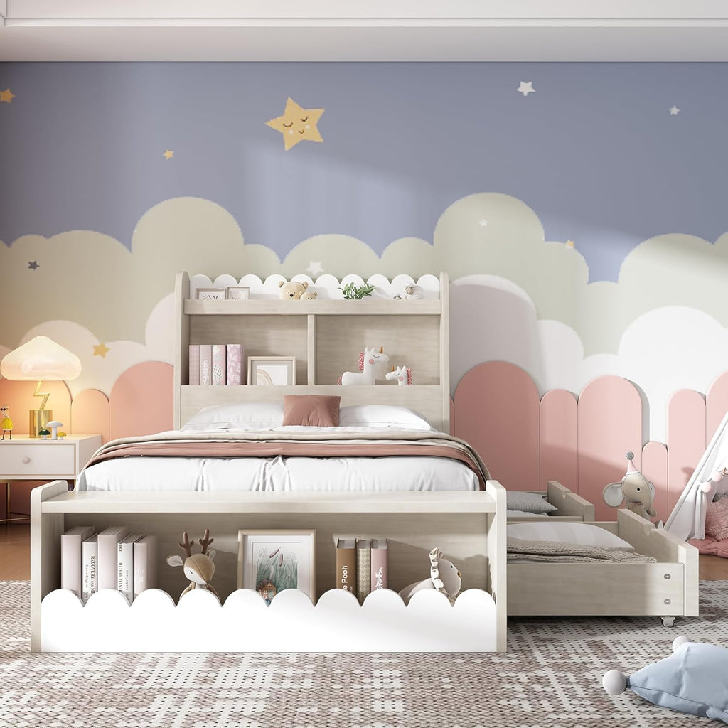 KOMHTOM Lit d'enfant en Bois avec 2 Tiroirs et Espace de Rangement - Lit Simple avec Support à Lattes, 90x200 cm