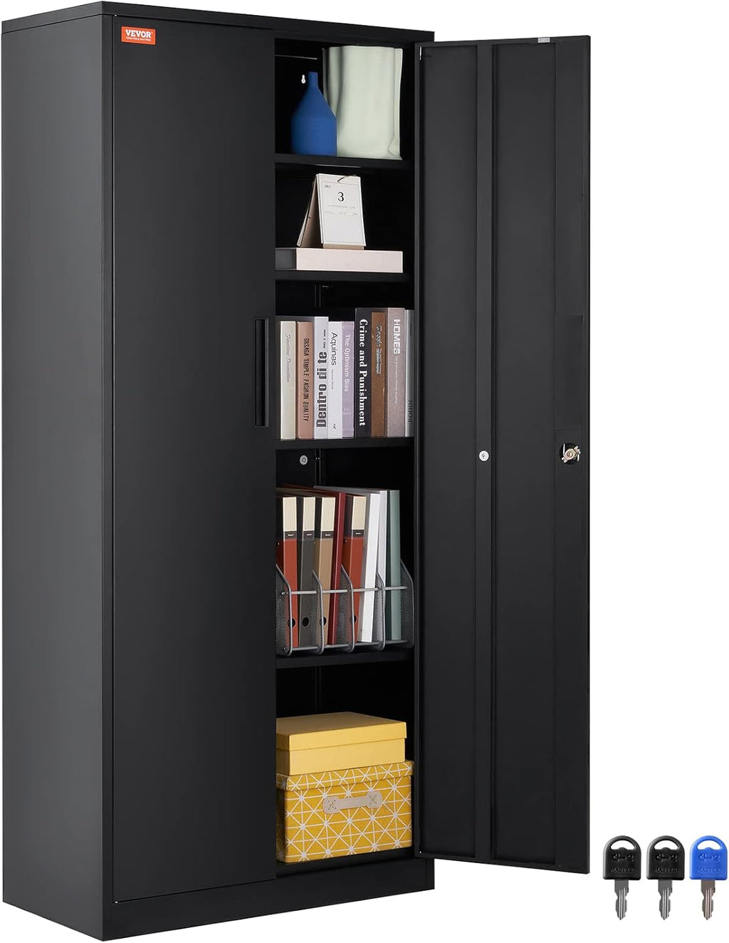 VEVOR Armoire de rangement en métal, armoire de rangement verrouillable en acier avec 2 portes magnétiques et 4 étagères réglables, armoire en métal de 180,7 cm, capacité de 90,7 kg par étagère avec 3