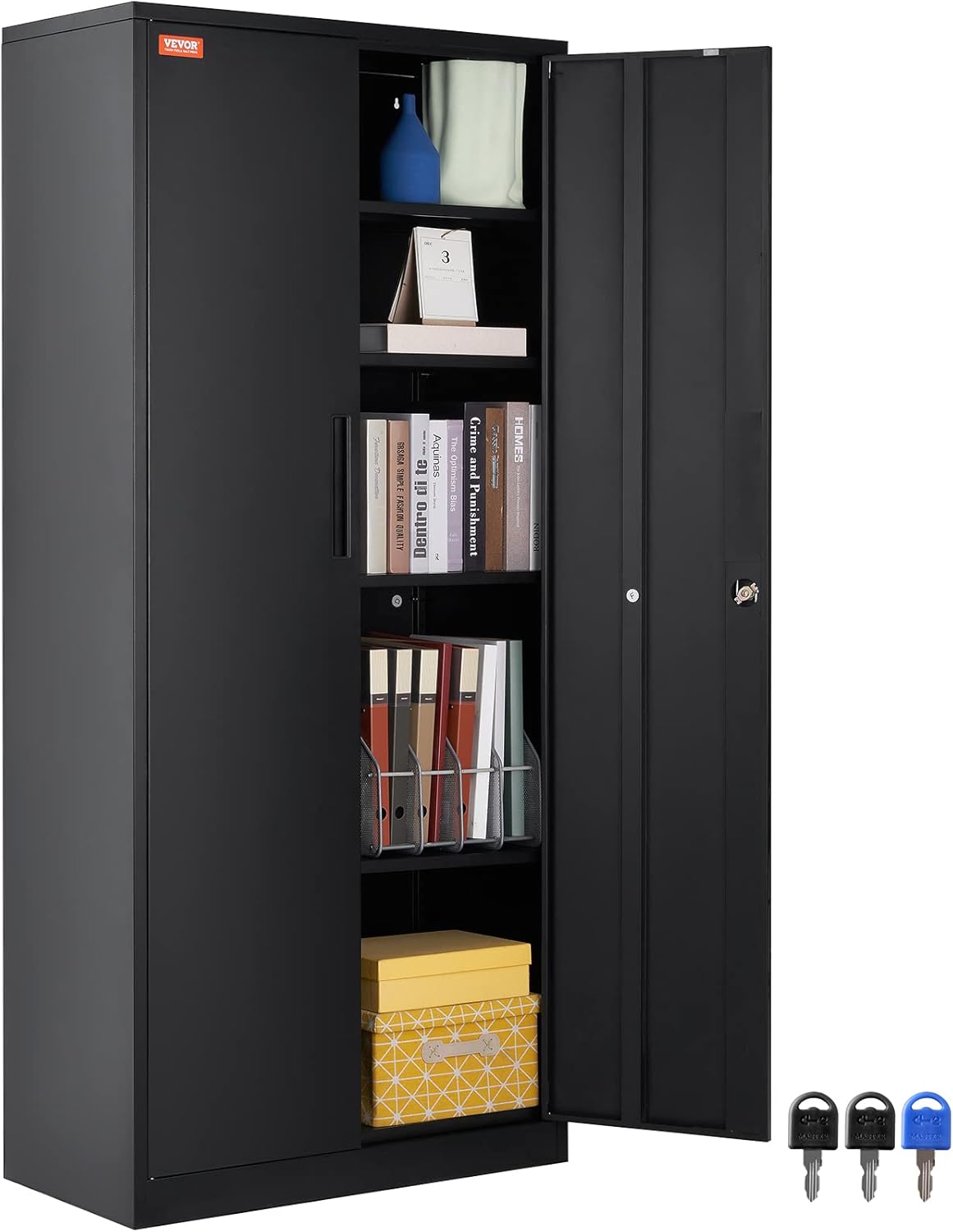 VEVOR Armoire de rangement en métal, armoire de rangement verrouillable en acier avec 2 portes magnétiques et 4 étagères réglables, armoire en métal de 180,7 cm, capacité de 90,7 kg par étagère avec 3