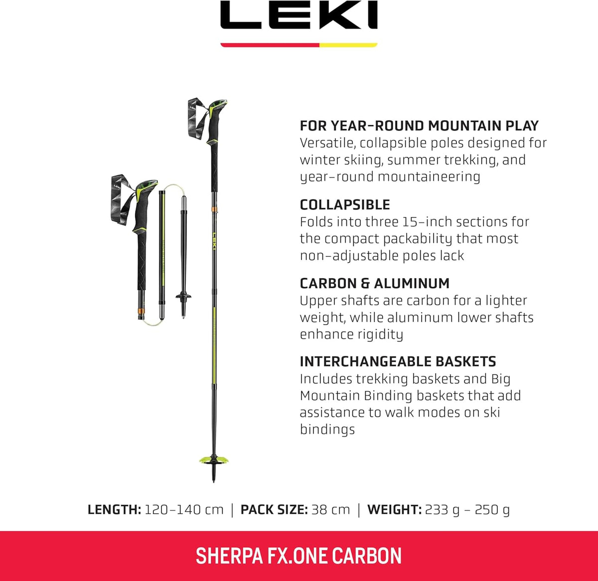 Leki Sherpa FX.One Carbon Poles, Natural Carbon, Neon Yellow-White, 140 cm