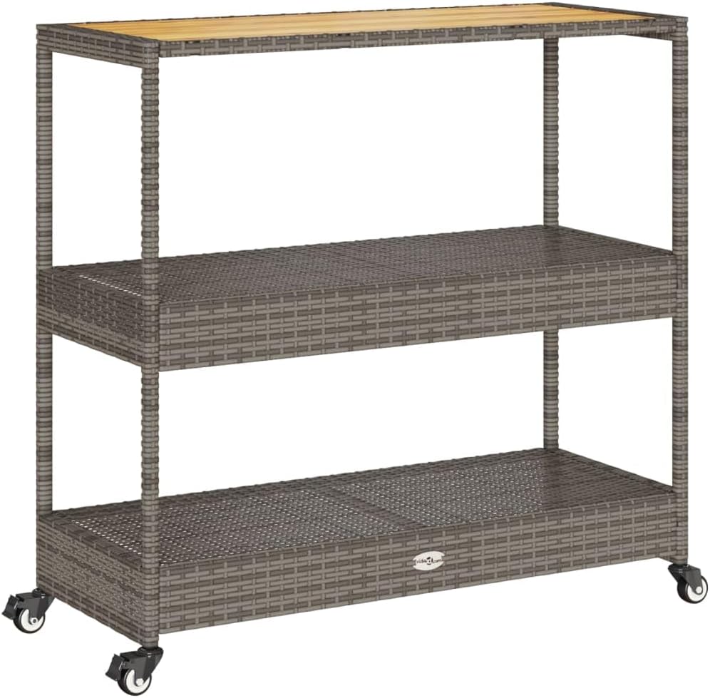 Tomostar Desserte de Jardin, Chariot de Bar Desserte Extérieur 3 Niveaux Gris rotin et Bois d'acacia Massif