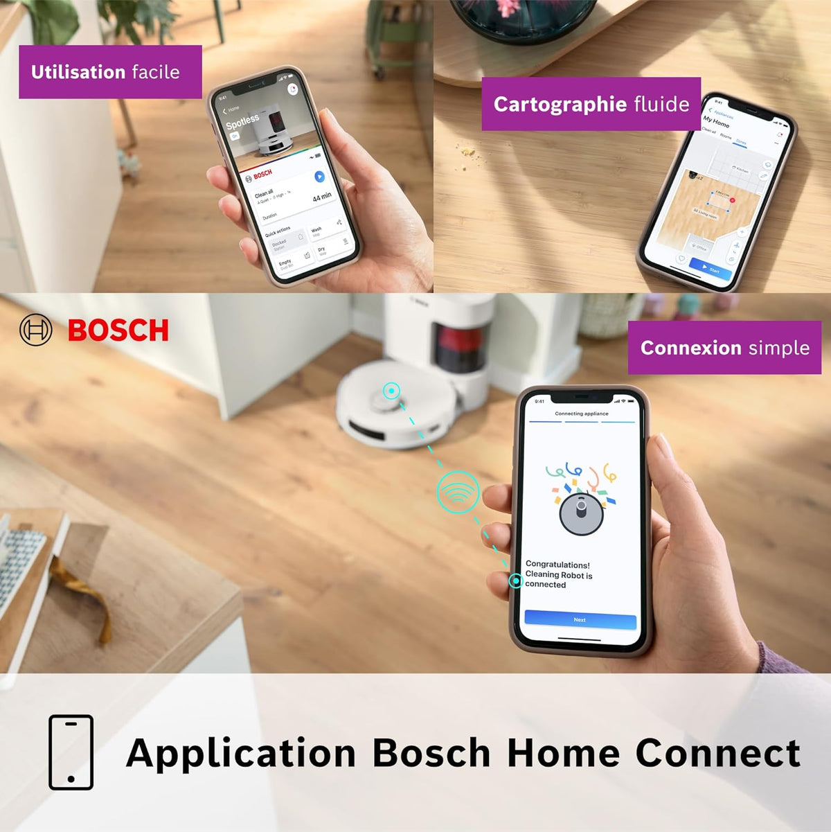 Bosch Spotless + BCRD1W Robot aspirateur-Laveur, 11 000 Pa, serpillère Statique, Station de Service, Navigation Smart Vision Infrarouge, Application Home Connect, Blanc