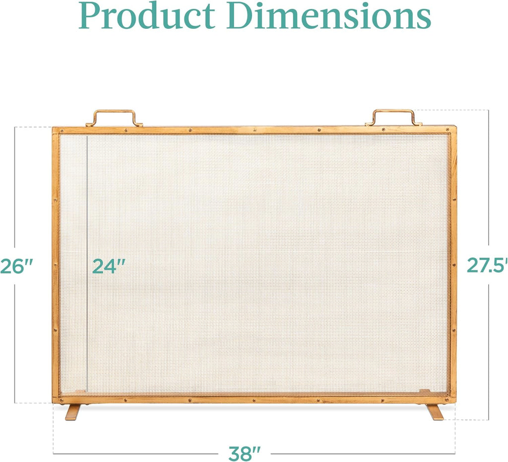 Best Choice Products Paravent de cheminée en maille d'acier fabriquée à la main 99,1 x 73,7 cm pour décoration de salon, chambre à coucher avec poignées – Or antique