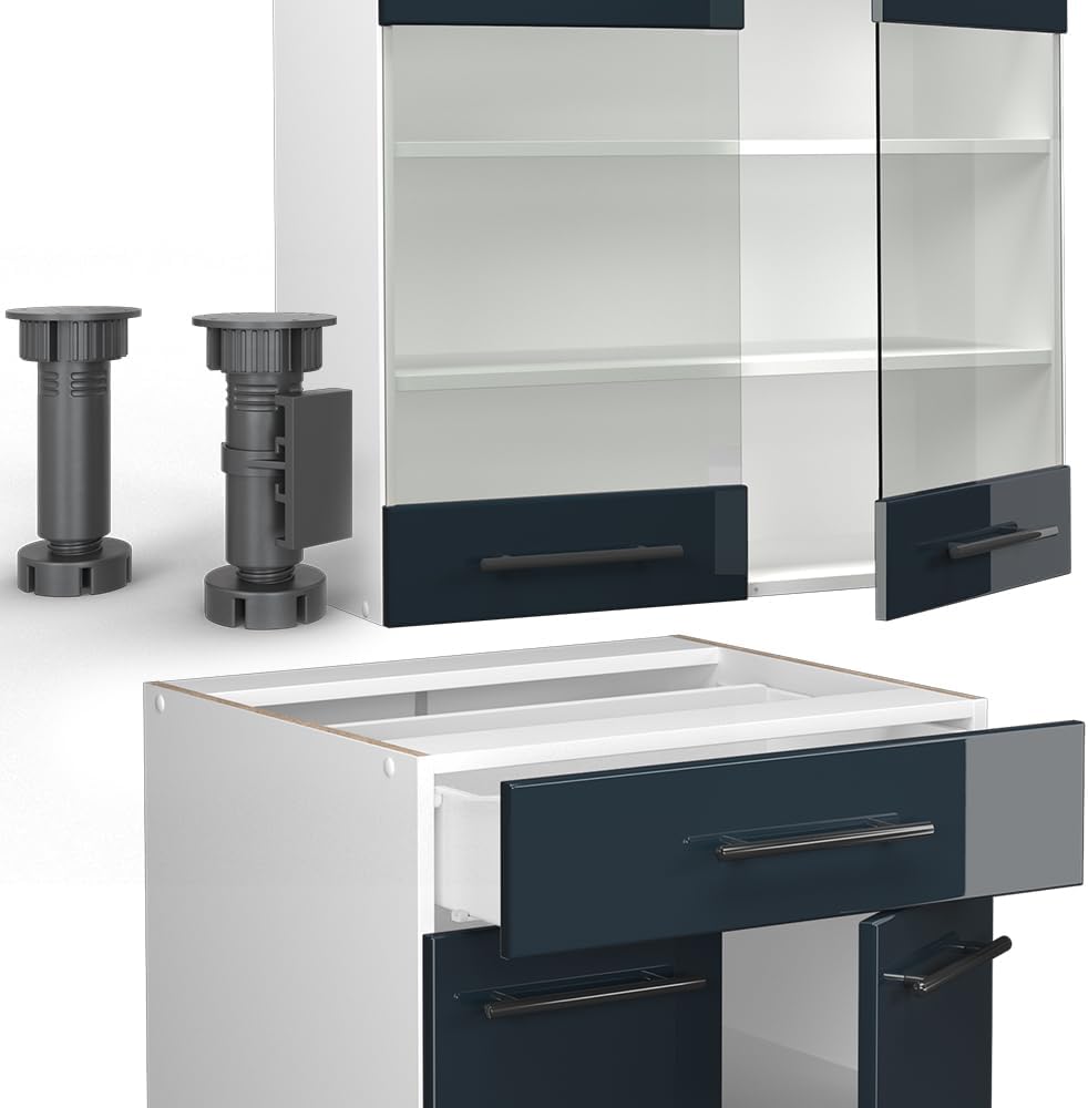 Vicco Cuisine Fame-Line, Bleu foncé Brillant/Blanc, 140 cm, PT Marbre