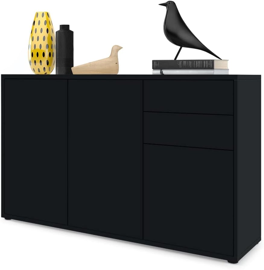 Vladon Buffet Ben V3, Commode avec 3 Portes et 2 tiroirs, Noir Mat/Noir Mat (117 x 74 x 36 cm)
