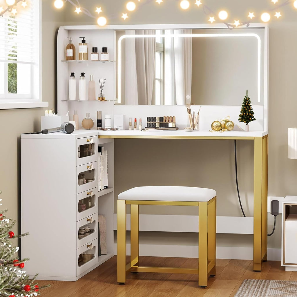 Coiffeuse avec Miroir Réglable LED et Tabouret, Coiffeuse d'angle en L, Commode Moderne avec 5 tiroirs et 2 étageres enacrylique, pour Chambre à Coucher, Salon, Blanc
