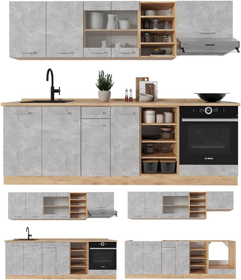 Vicco Cuisine R-Line, Béton/Force d'or Chêne, 240cm, PT Marbre