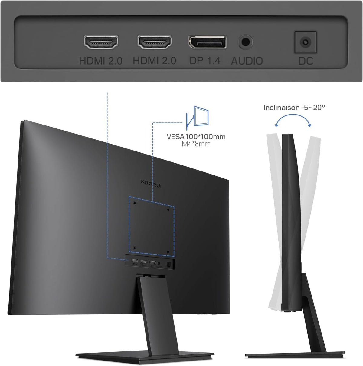 KOORUI N07 27 Pouces Écran PC, 4K Moniteur UHD(3840x2160), IPS 60Hz HDR10 Adaptive Sync, 2X HDMI 2.0 & DisplayPort 1.4, VESA 100x100mm, Soins des Yeux