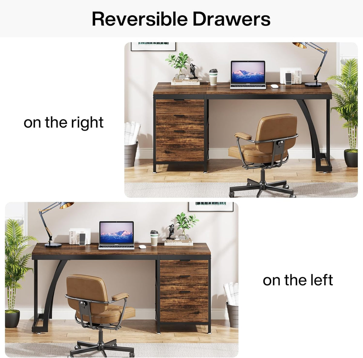 Tribesigns Bureau d'ordinateur avec 3 tiroirs 150 cm avec tiroirs réversibles - Bureau Industriel avec Plateau de Rangement (Marron Rustique.)