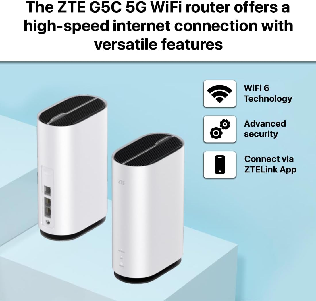 ZTE G5C – Routeur intérieur 5G WiFi 6 Rapide pour Toute la Maison, débloqué, abordable, Haut de Gamme, Aucune Configuration requise, contrôle Parental, Gestion Facile
