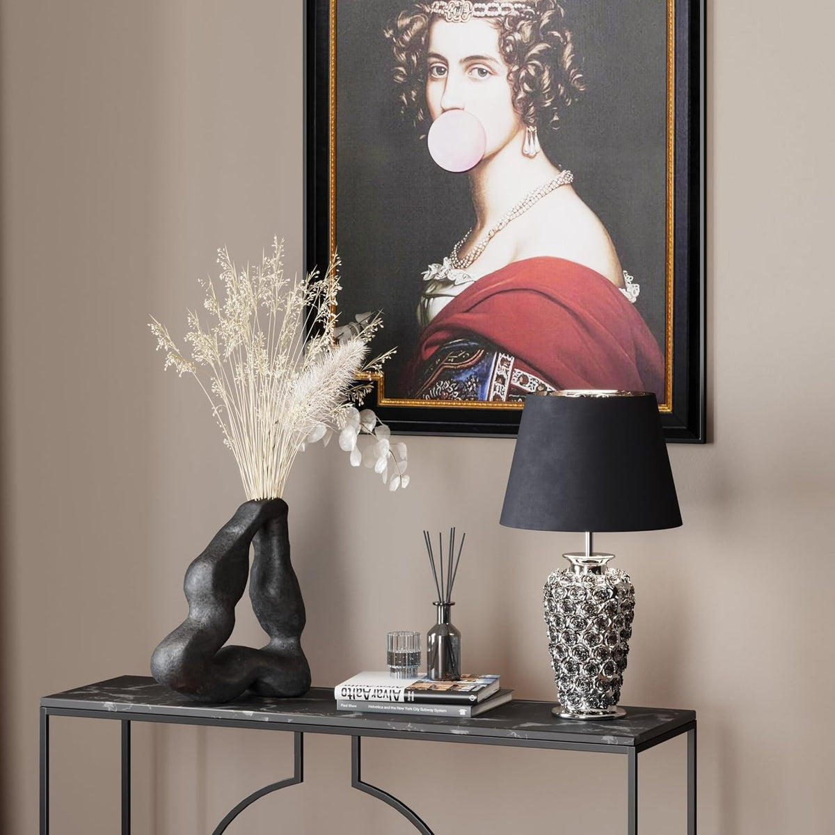 Kare Design Lampe à Poser Rose, Noir/Argent, Faïence, Motif de Roses, Lampe de Table, Lampe Salon, Deco Intérieur, Décoration Chambre, Couloir, 59x34x34 cm Ampoule Non Incluse