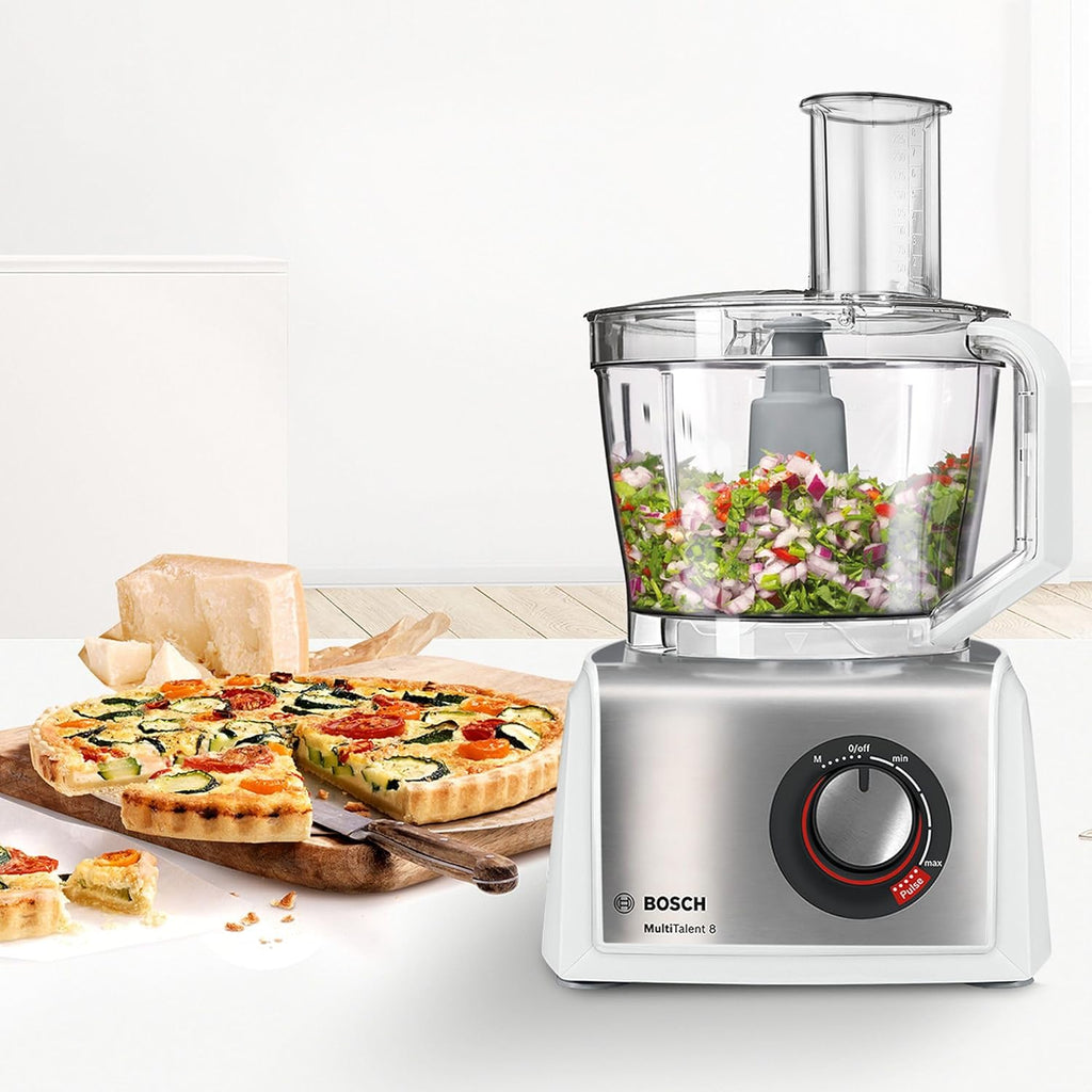 Robot de cuisine compact Bosch MultiTalent 8 MC812S814, 45 fonctions, bol mélangeur XXL 3,9 L, blender 1,5 L, couteau universel, fouet, coupe et râpe fin, grossier , 1250 W, blanc/acier inoxydable