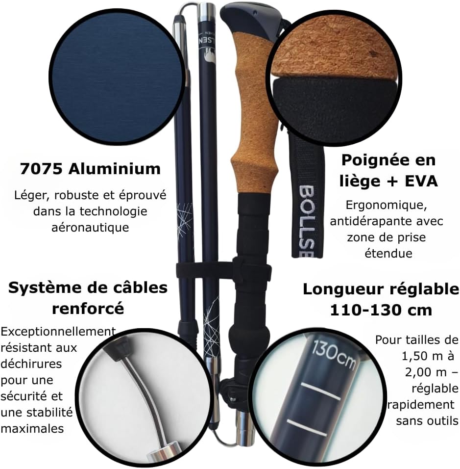 BOLLSEN Expedition Pro Bâtons de randonnée – Bâtons de Trekking en Aluminium légers, Pliables et réglables en Hauteur – Bâtons réglables pour randonnée, Trekking et Marche Nordique