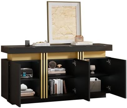 muenfly Buffet moderne avec 3 portes et plan de travail marbré, meuble TV de 140 cm avec tiroirs et compartiments réglables, polyvalent comme armoire de couloir ou commode pour le salon