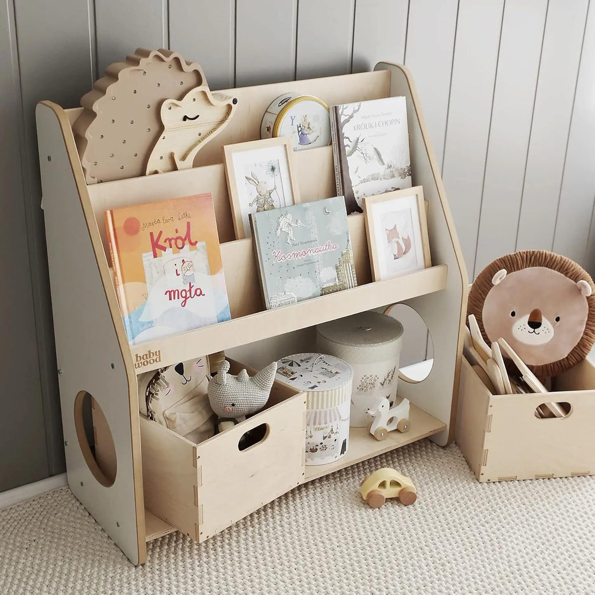 Babywood Bibliothèque en Bois pour Enfants | Étagère Montessori avec 2 Caisses à Jouets | Rangement Sûr pour Chambre d'Enfant