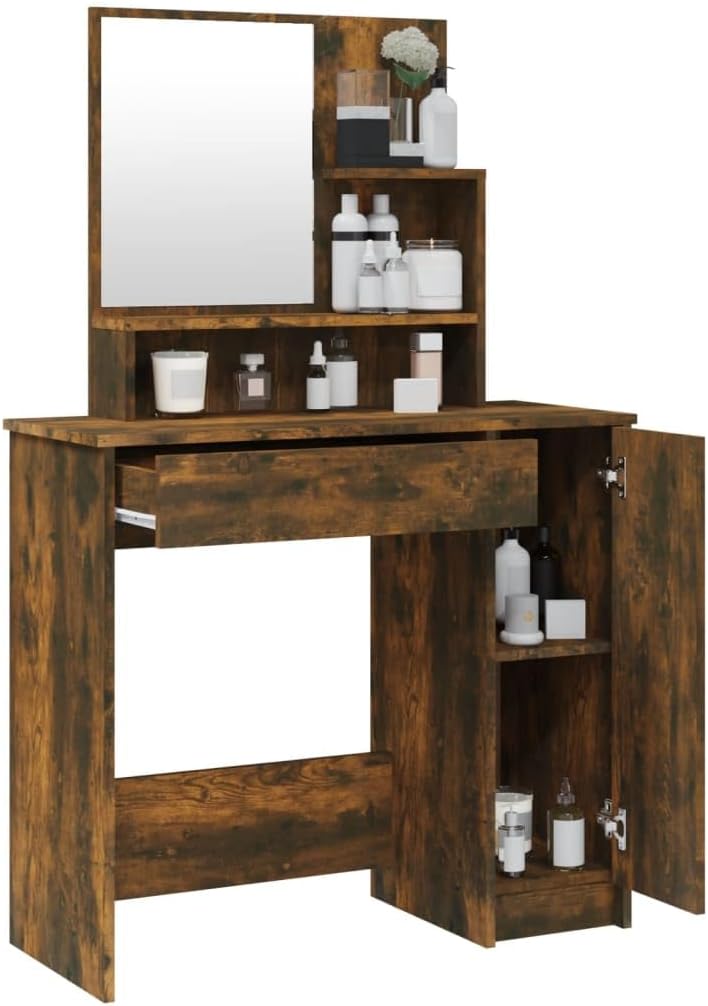 AJJHUUKI Armoires et meubles de rangement - Coiffeuse pour chambre à coucher - Coiffeuse avec miroir - Chêne fumé - 86,5 x 35 x 136 cm