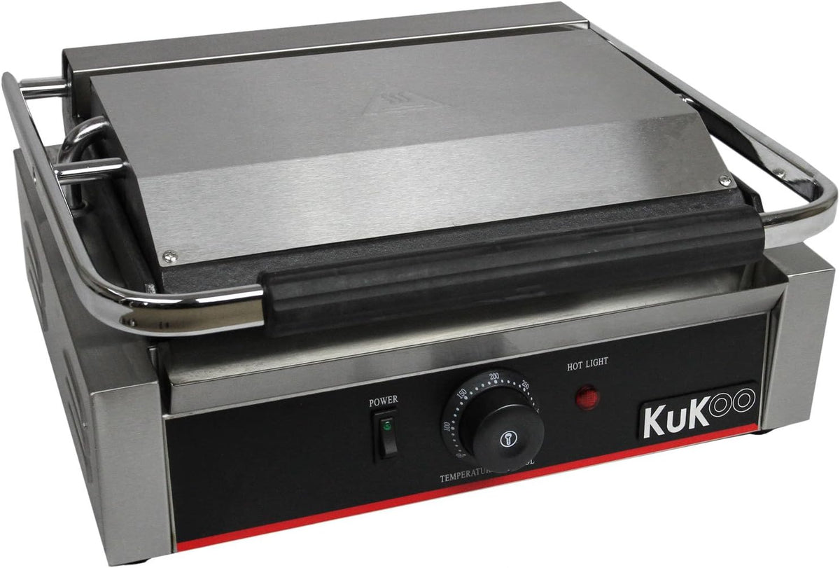 Presse à Panini Professionnelle Grill Electrique - 1 plaque Inox Rainurée 2200W 50-300 C - Parfait Sandwicherie, Restaurant HORECA Grille Poisson Légumes Croques Viande Brosse Nettoyage INCLUSE