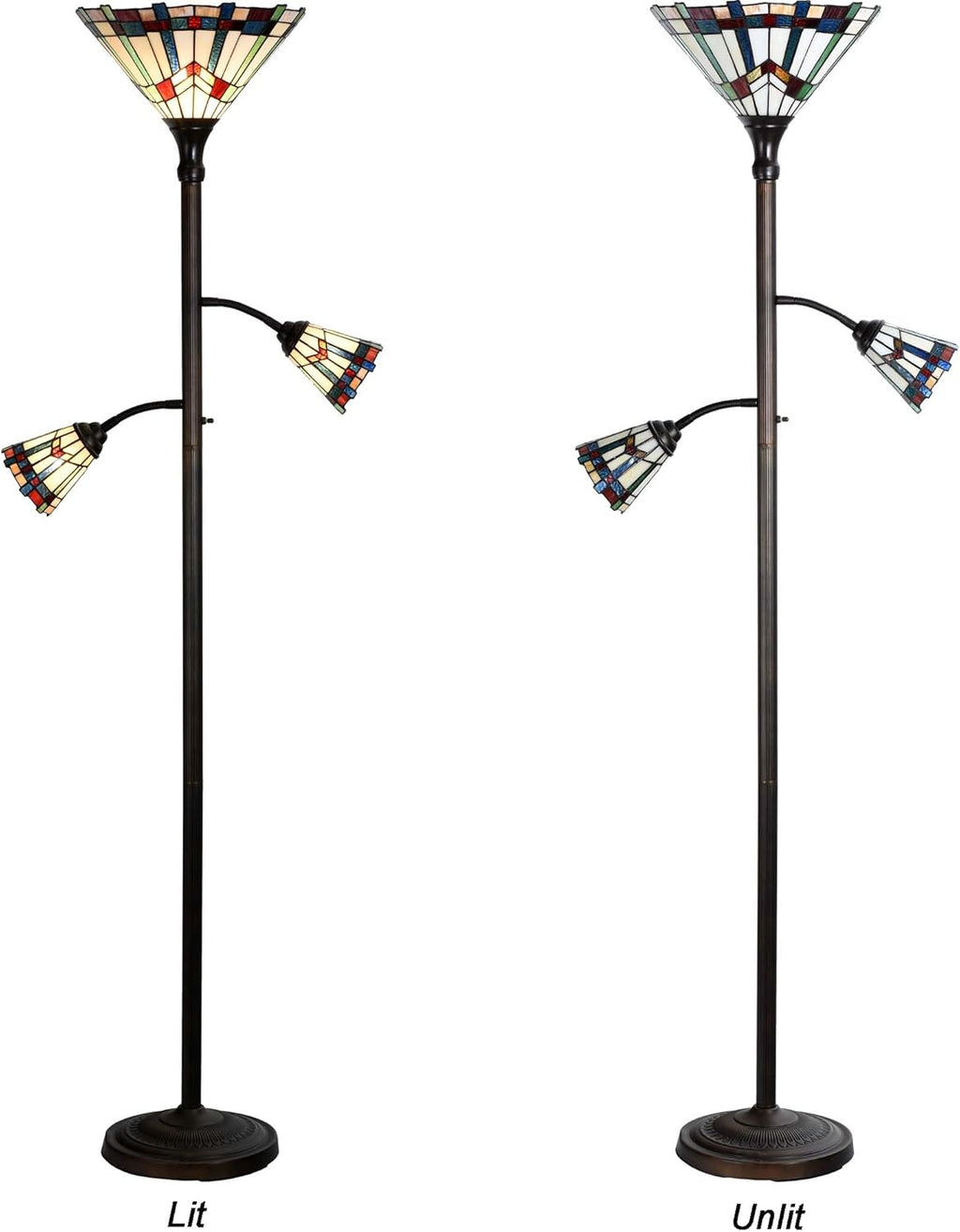 Bieye Lampadaire torche style Tiffany à 3 lumières avec lampes de lecture réglables pour salon, 178 cm de hauteur Blanc, Mission