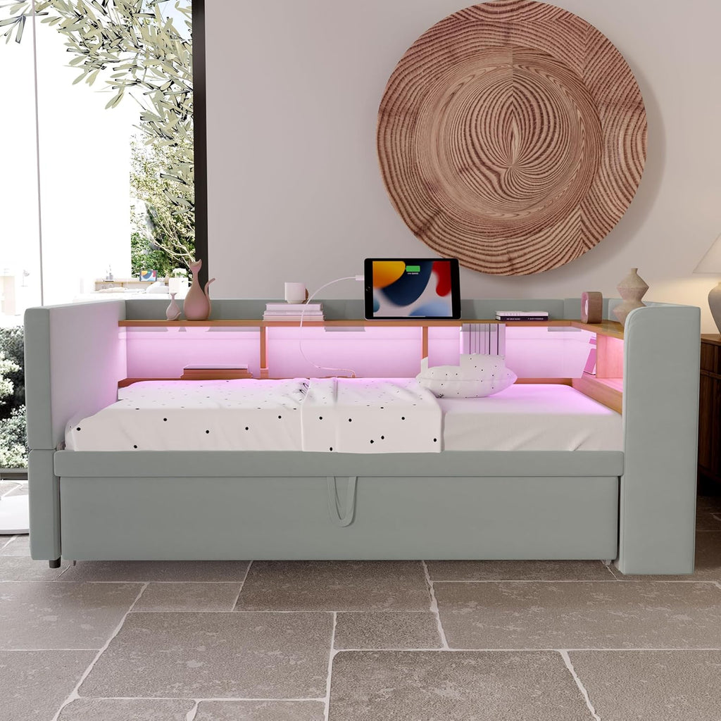 Canapé lit 90x190, Canapé Convertible avec LED et USB, lit 2 Personnes 90/180x190 avec lit gigogne et Plusieurs Compartiments de Rangement, Meuble Salon Gris Clair (sans Matelas)