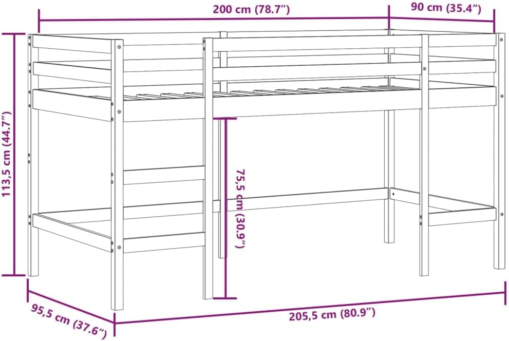 vidaXL Lit Mezzanine Enfants et Rideaux, Lit Surélevé pour Enfants avec Échelle, Meuble de Rangement Chambre, Moderne, Bleu 90x200 cm Bois Pin Massif