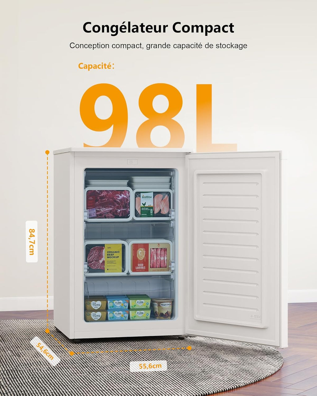 Upstreman 98L Congélateur Armoire,Petit Congélateur a 3 Compartiments, 84,7 x 55,6 cm, -18℃ Congélation 4 Étoiles,Porte Réversible, Congelateur Table Top, Blanc, UF98
