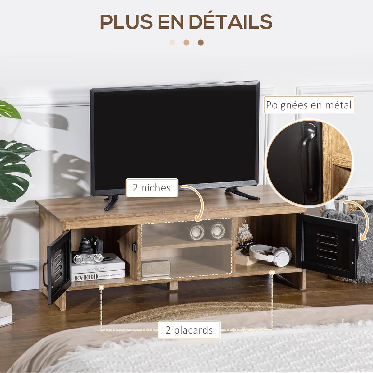 HOMCOM Ensemble Buffet Bibliothèque et Meuble TV Design Industriel 2 Passe-Fils Multi-Rangement Aspect Bois veinage Portes métal Noir