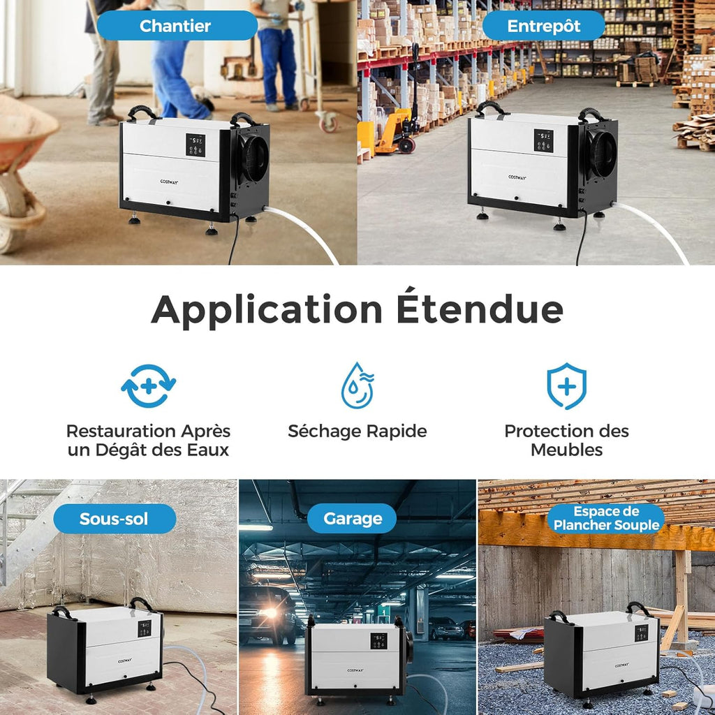 COSTWAY Déshumidificateur Professionnel, Déshumidificateur Industriel avec 3 Modes Minuterie de 24 H Tuyau de Vidange et Dégivrage Automatique, pour Entrepôt Sous-sol (58,5 L/Jour,Noir)