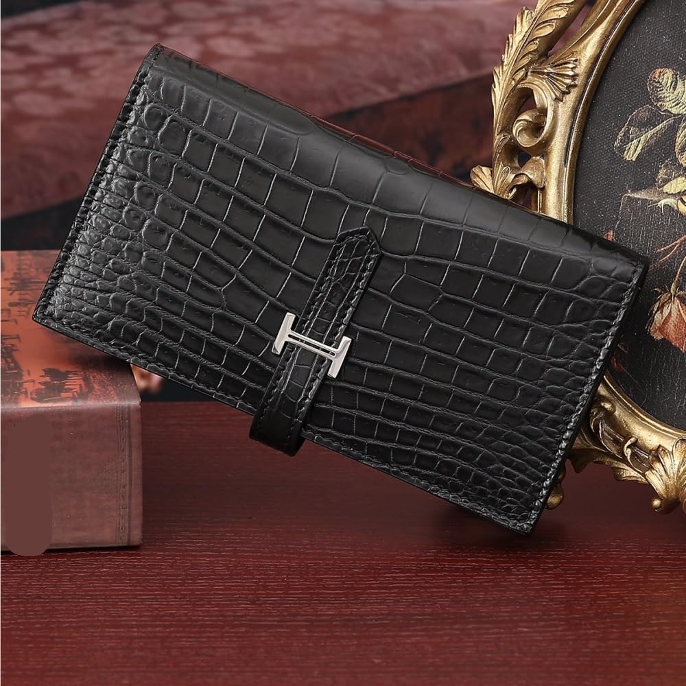 Coin Purse Portefeuille Long for Femme en Cuir de Ventre de Crocodile - Pochette élégante en Cuir véritable for Tailleur Business décontracté.