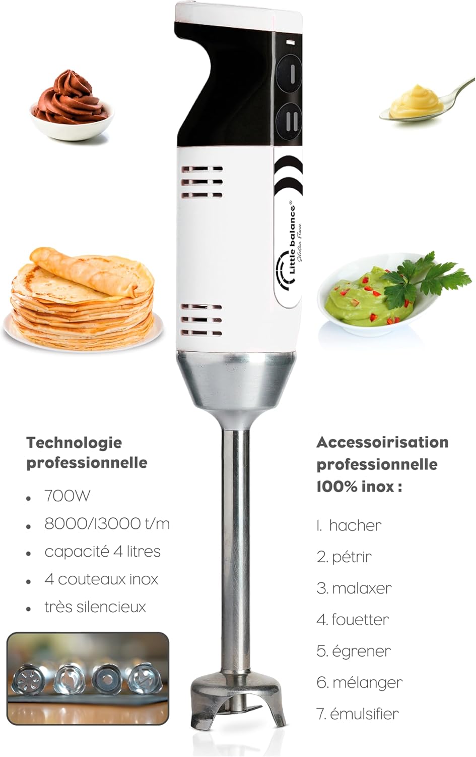 LITTLE BALANCE 8576 Chef Mixx Pro, Mixeur plongeant professionnel, 2 vitesses, 4 accessoires, 700 W, Fabrication française, Blanc/Inox