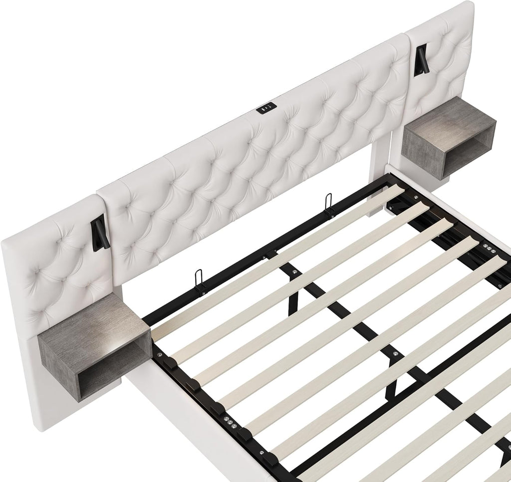 Julyue Lit double avec tables de chevet, 160 x 200 cm, rembourré, lampe de lecture et USB, hydraulique, rangement, cadre en bois, blanc