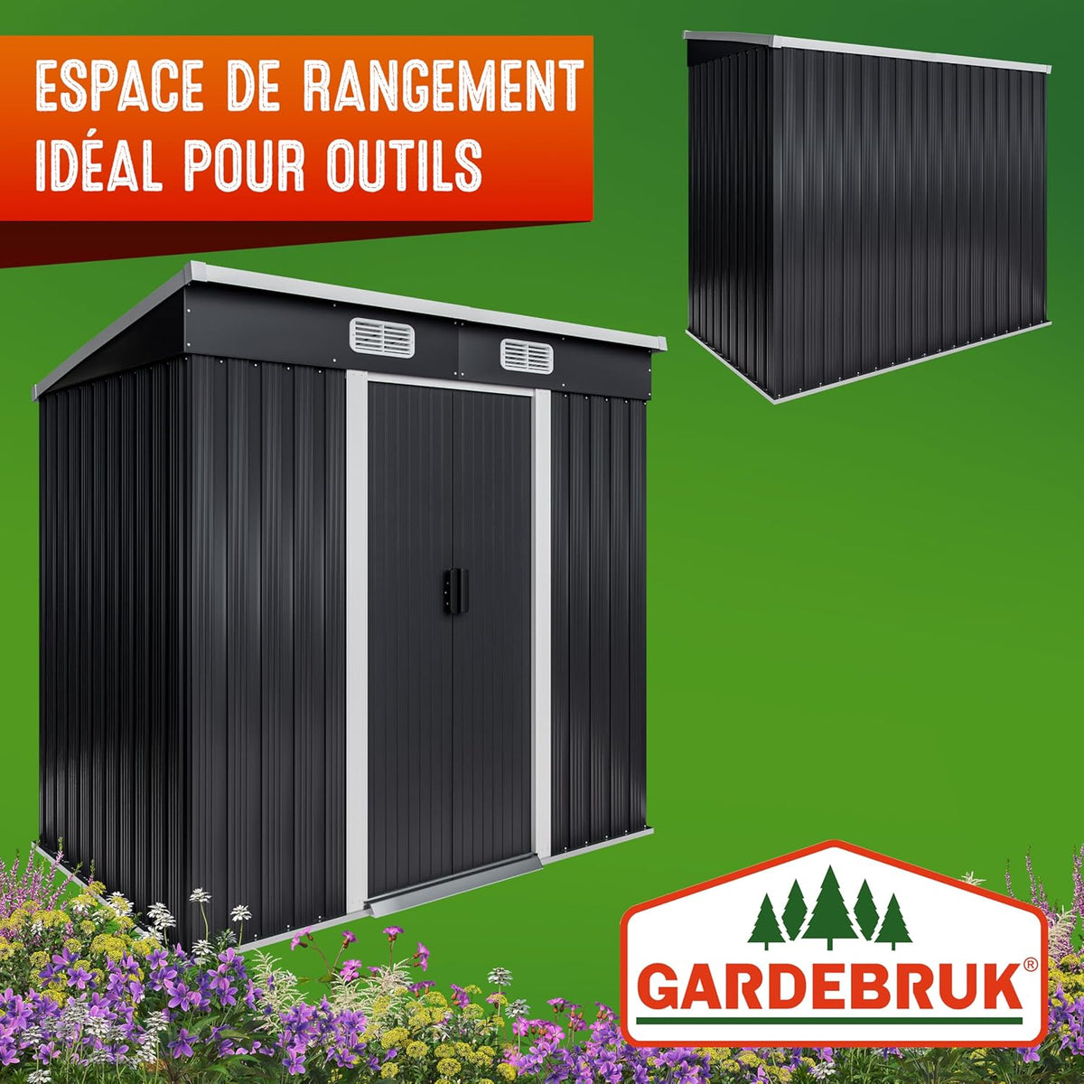 GARDEBRUK Abri de Jardin métal L 2m² Fondation 200x125x185cm Porte coulissante Anthracite cabane de Jardin cabanon Rangement Outils 3,4m³