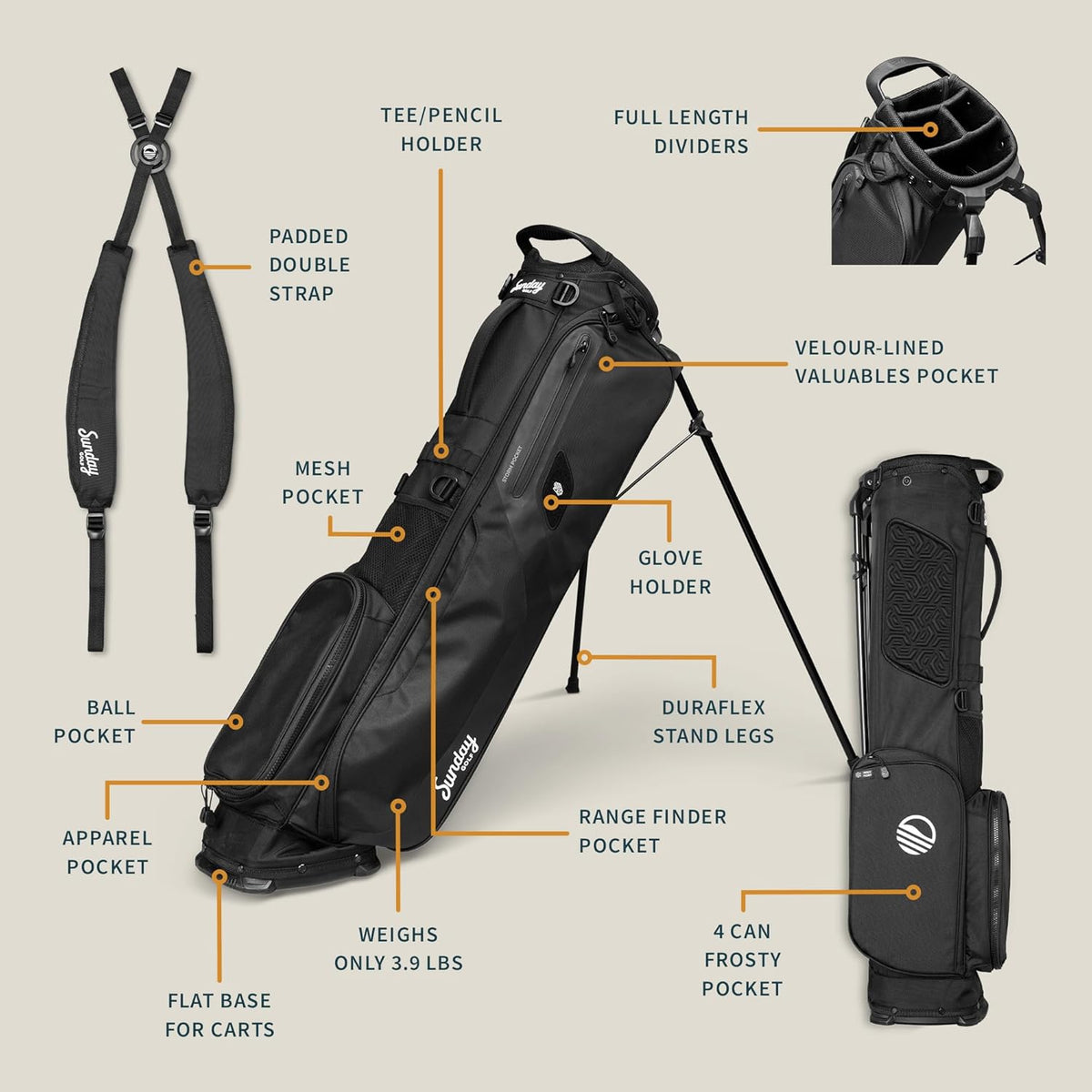 SundaySac El Camino - Sac léger avec Sangle et Support - Facile à Transporter - par 3 et Parcours Standard, 3,9 Livres