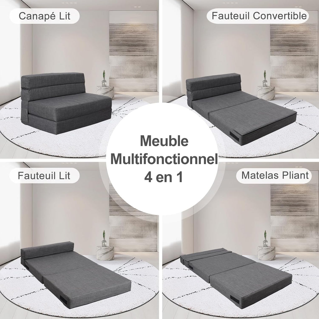 ANONER Canape Lit 1 Place, Canapé de Sol Convertible en Mousse à Mémoire de Forme & Oreiller, Canape Une Place Lit pour Chambre Salon, Matelas Pliant Sofa Gris Foncé