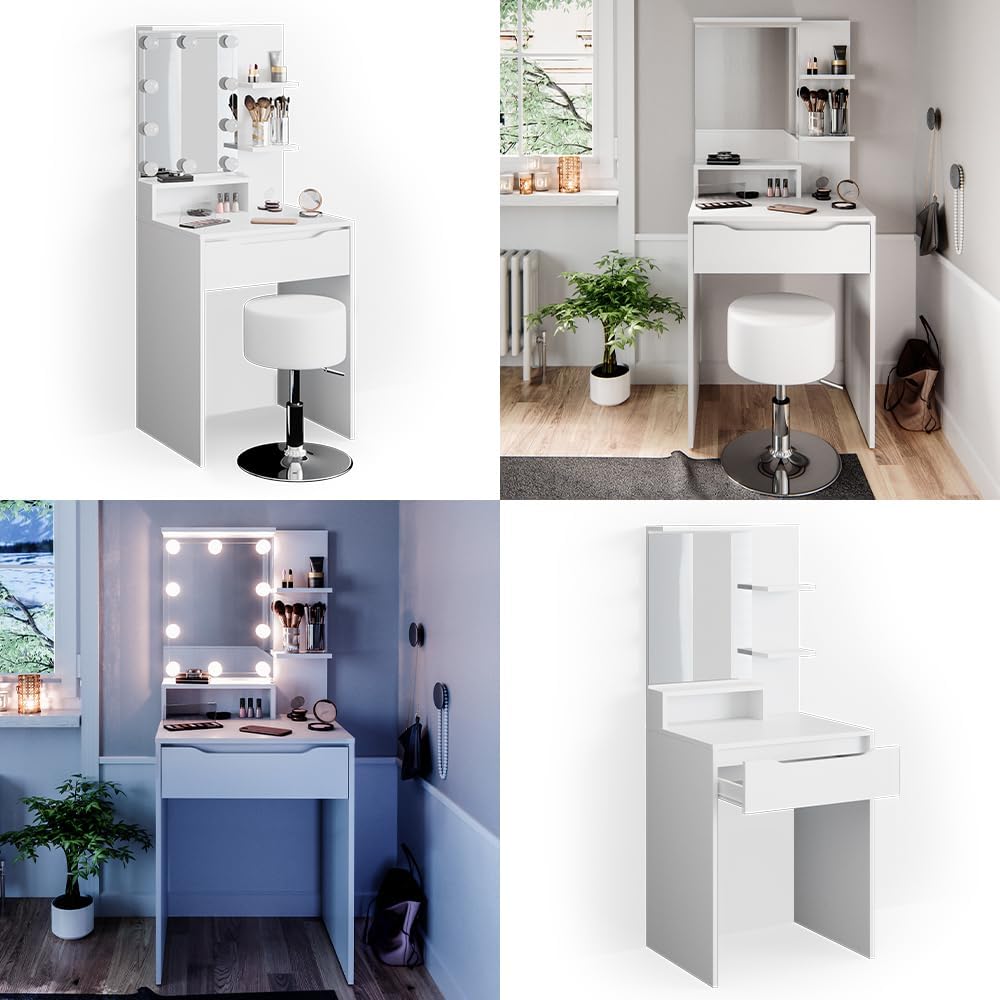 Vicco Coiffeuse Ruben, Blanc, 60 cm avec éclairage LED et Tabouret