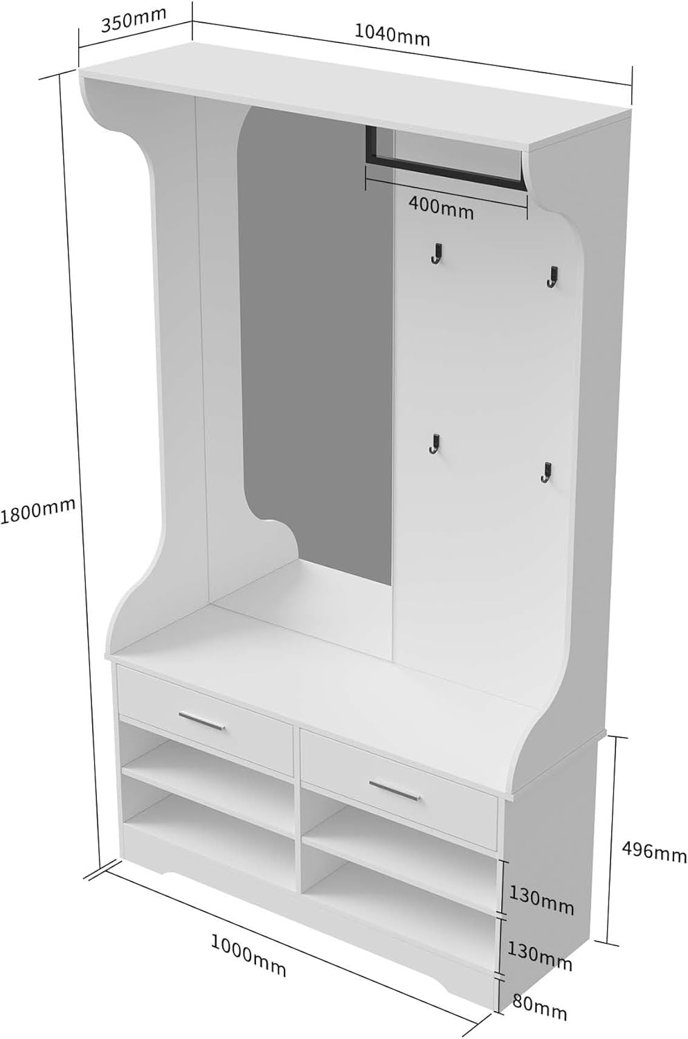 Lietre Ensemble de Vestiaire avec Miroir, Meuble d'Entrée avec Armoire à Chaussures et 2 Tiroirs, Garde-Robe de Couloir avec 4 Crochets et 1 Tringle