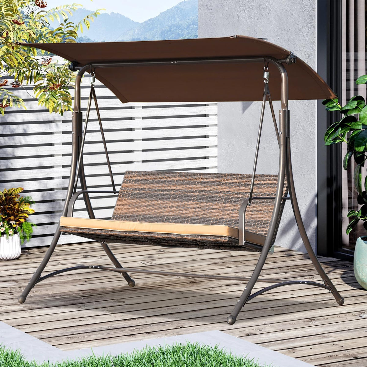 Angel Living Balancelle de Jardin 159T, avec Toit Marron et Chaise en rotin tissé, 170 x 110 x 153 cm 3 Places