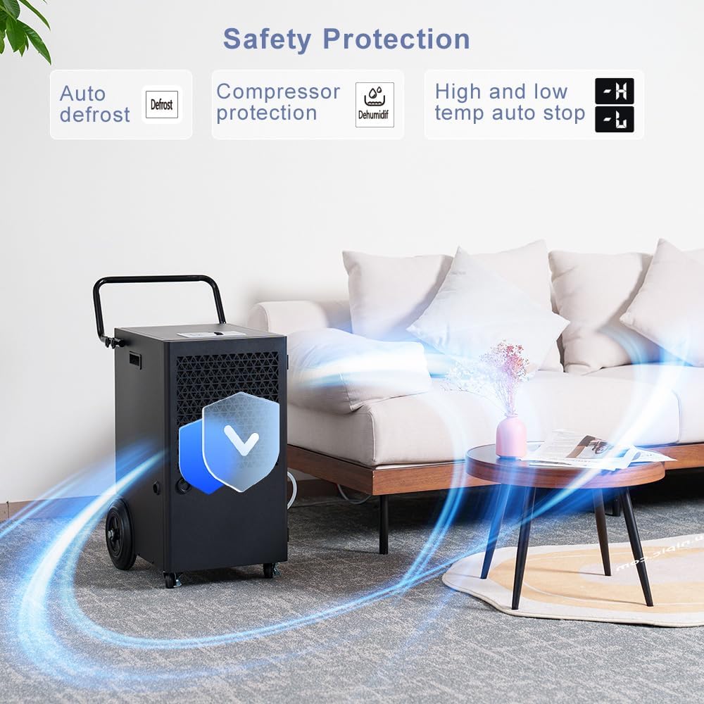 Déshumidificateur d'Air Industriel 90L/jour : Grande Capacité Couvre 300m² - Pompe de Relevage Électrique avec Compresseur Rotatif - Pour Caves/Garages/Entrepôts/Salles de Bain/Buanderies