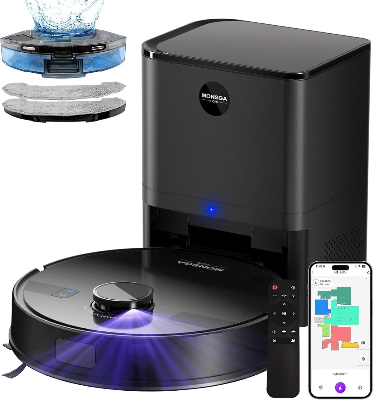 MONSGA Aspirateur Robot Laveur 5000Pa Aspiration avec Station & 3.5L Collecteur de Poussière, 180min, Navigation LiDAR & Cartographie, Idéal pour Tapis Poils d'animaux, App