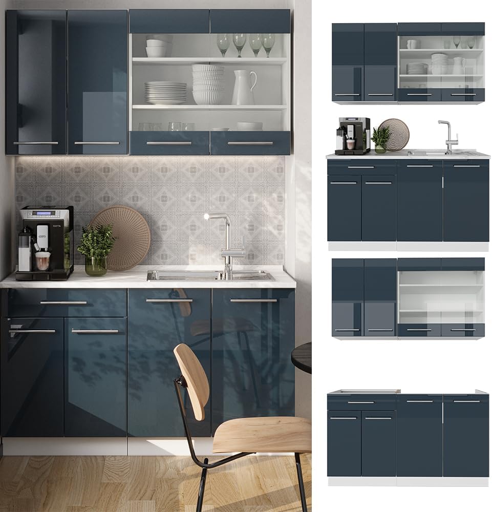 Vicco Cuisine Fame-Line, Bleu foncé Brillant/Blanc, 140 cm, PT Marbre