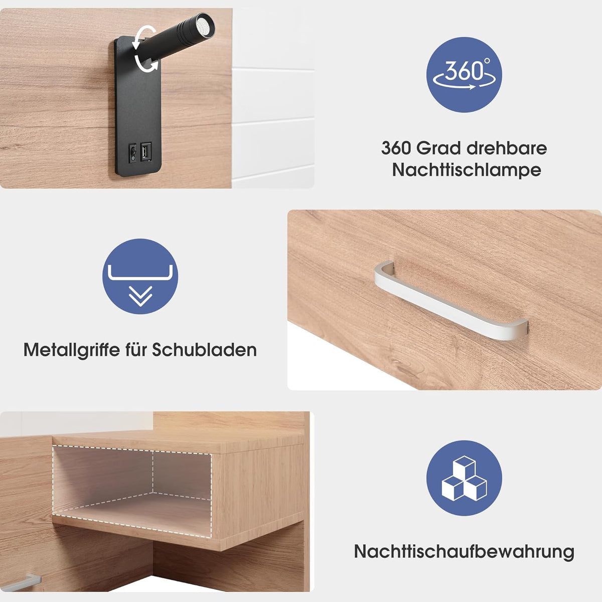 Lit double en bois - 180 x 200 cm - Avec 2 tiroirs - Lampe de tête de lit - Lampe de lecture avec fonction de charge USB - Lit moderne avec 2 commodes de chevet - Cadre de lit et sommier à lattes -