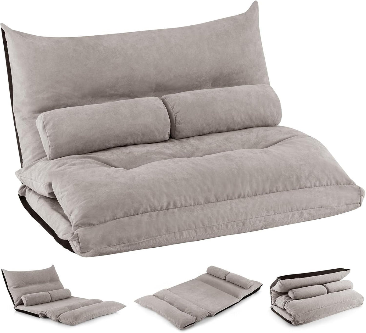 COSTWAY Canapé-lit Paresseux Pliable, Canapé Convertible avec Dossier Réglable à 42 Positions, Chauffeuse avec 2 Oreillers, Sofa pour Salon, Chambre, Balcon, Gris