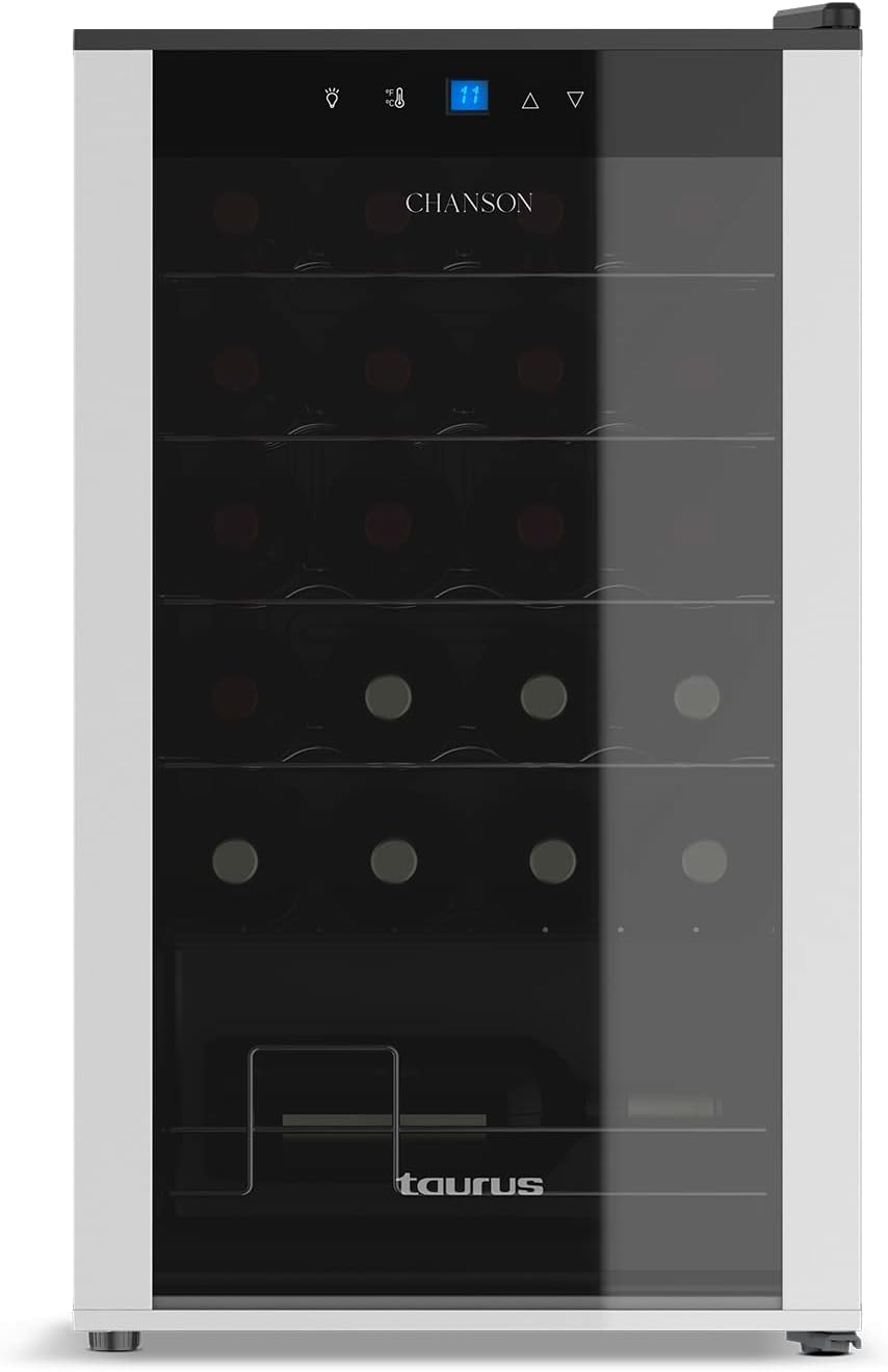 Taurus WC24C - Refroidisseur à vin pour 24 bouteilles, silencieux, ne vibre pas, isolation intérieure spéciale, porte vitrée, température réglable, éclairage intérieur, noir