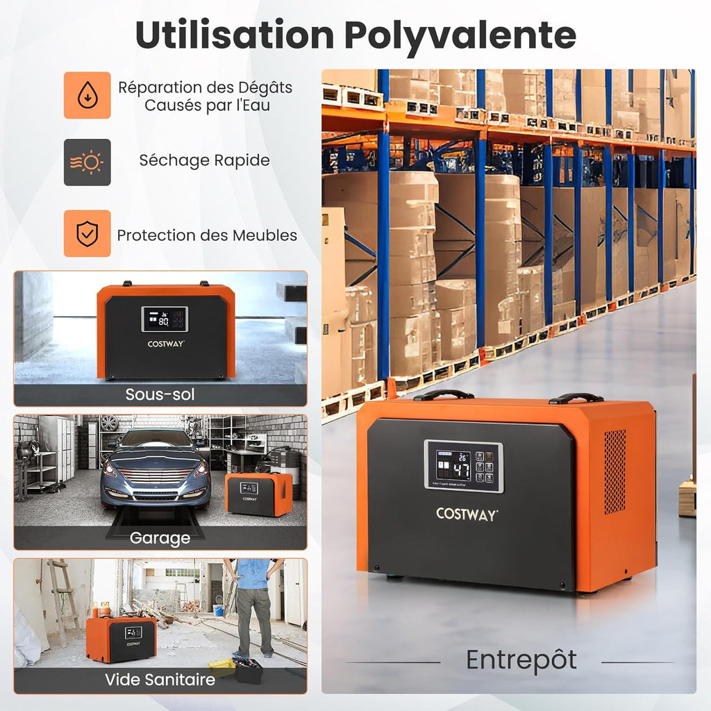 COSTWAY Déshumidificateur Professionnel 60 L/Jour, Déshumidificateur d'Air Électrique avec Minuterie 24H Restauration des Dégats d'Eau Dégivrage Automatique, Jusqu'à 560 ㎡pour Sous-sol Chantier