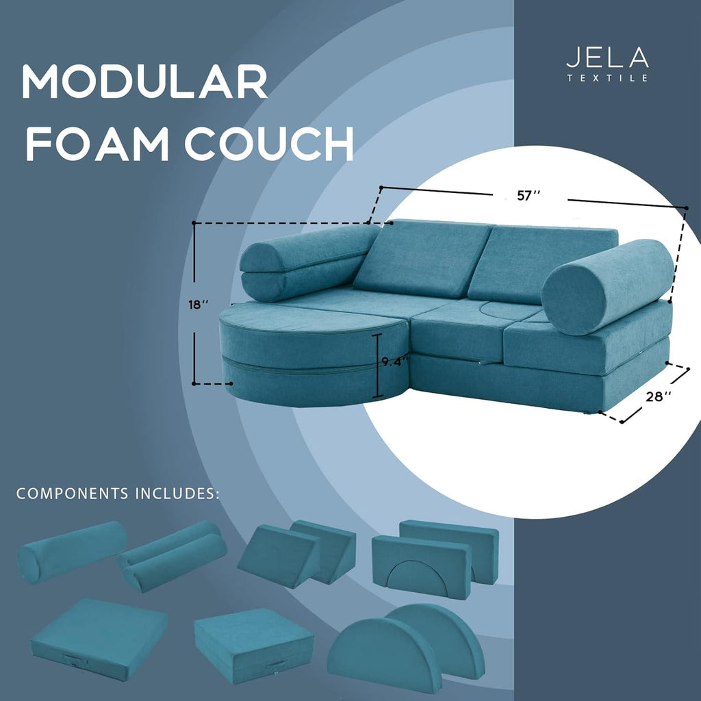 jela Canapé pour enfant, 14 pièces, modulable, en mousse, coin douillet dans la chambre d'enfant, pour jouer, être créatif, dormir, bleu sarcelle