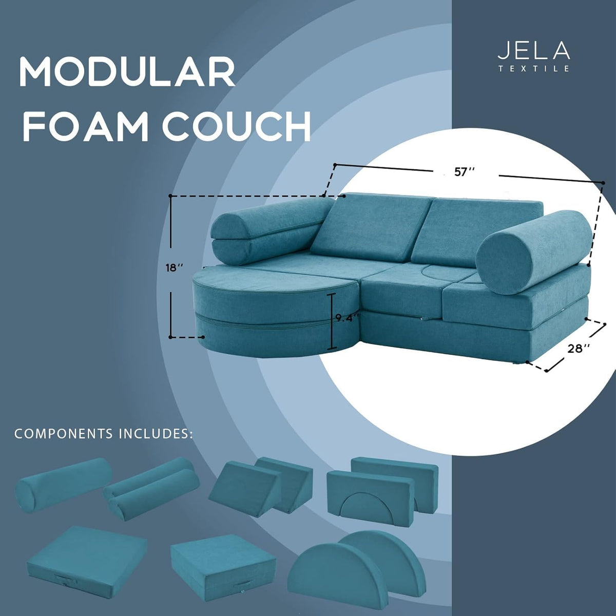 jela Canapé pour enfant, 14 pièces, modulable, en mousse, coin douillet dans la chambre d'enfant, pour jouer, être créatif, dormir, bleu sarcelle