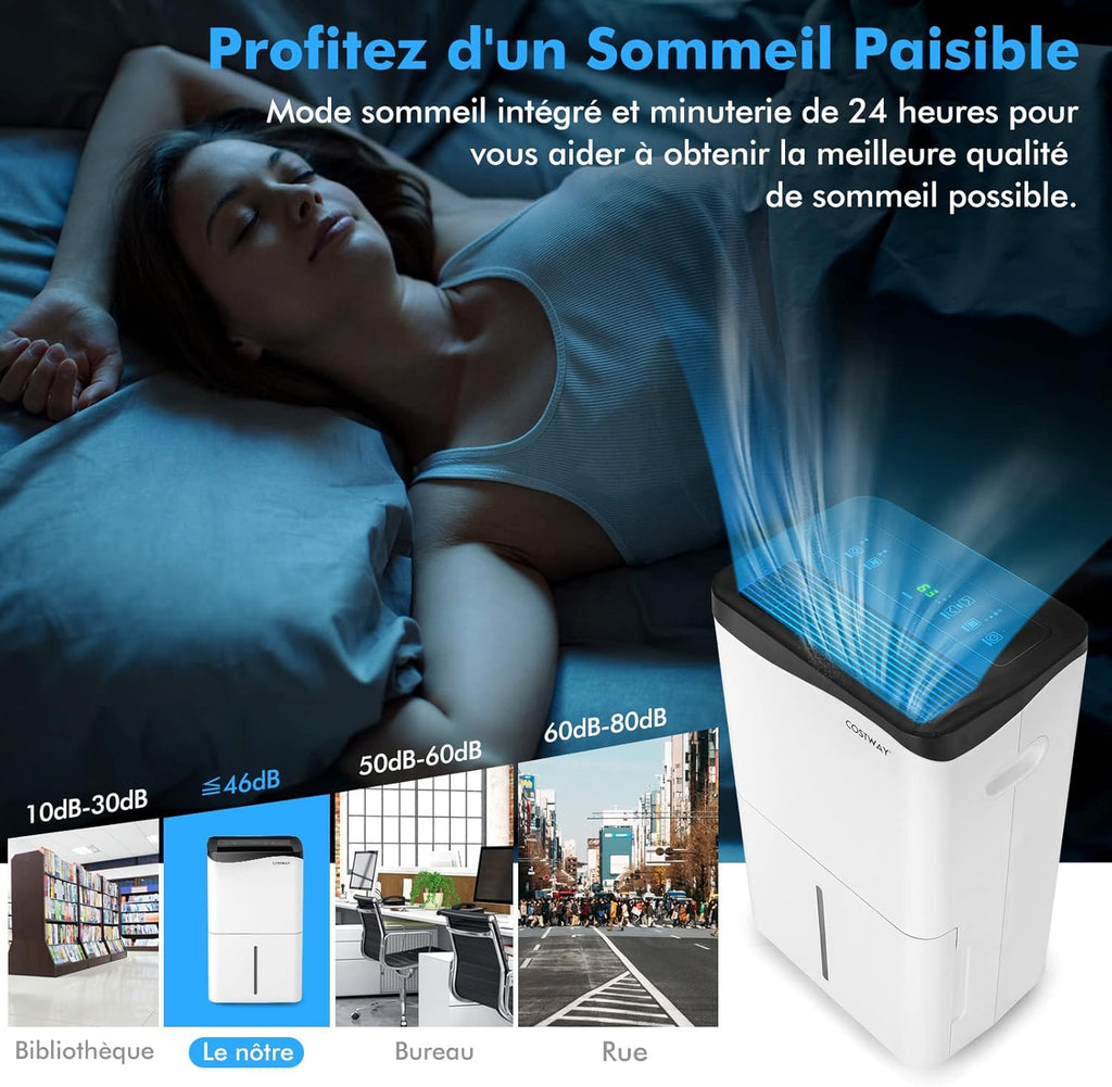 COSTWAY Déshumidificateur Portable 50L/Jour avec Réservoir 5L pour Pièces jusqu'à 100m², 2 Vitesses de Ventilation Minuterie 24H 4 Modes Contrôle WiFi, pour Maison et Bureau