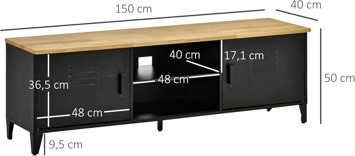 HOMCOM Meuble TV Banc TV pour téléviseurs de 55'' avec 2 Placards Pieds Réglables Cadre métalique Noir Plateau en Bois Naturel 150 x 40 x 50 cm